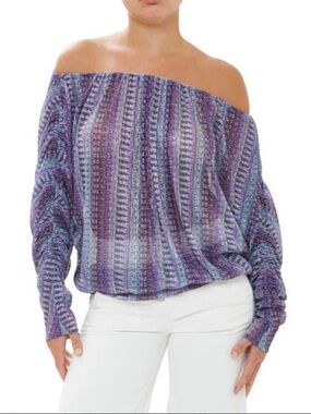 NWT Ramy Brook Purple Metallic Knit Long Sleeve Off Shoulder Grace Top Sz. M